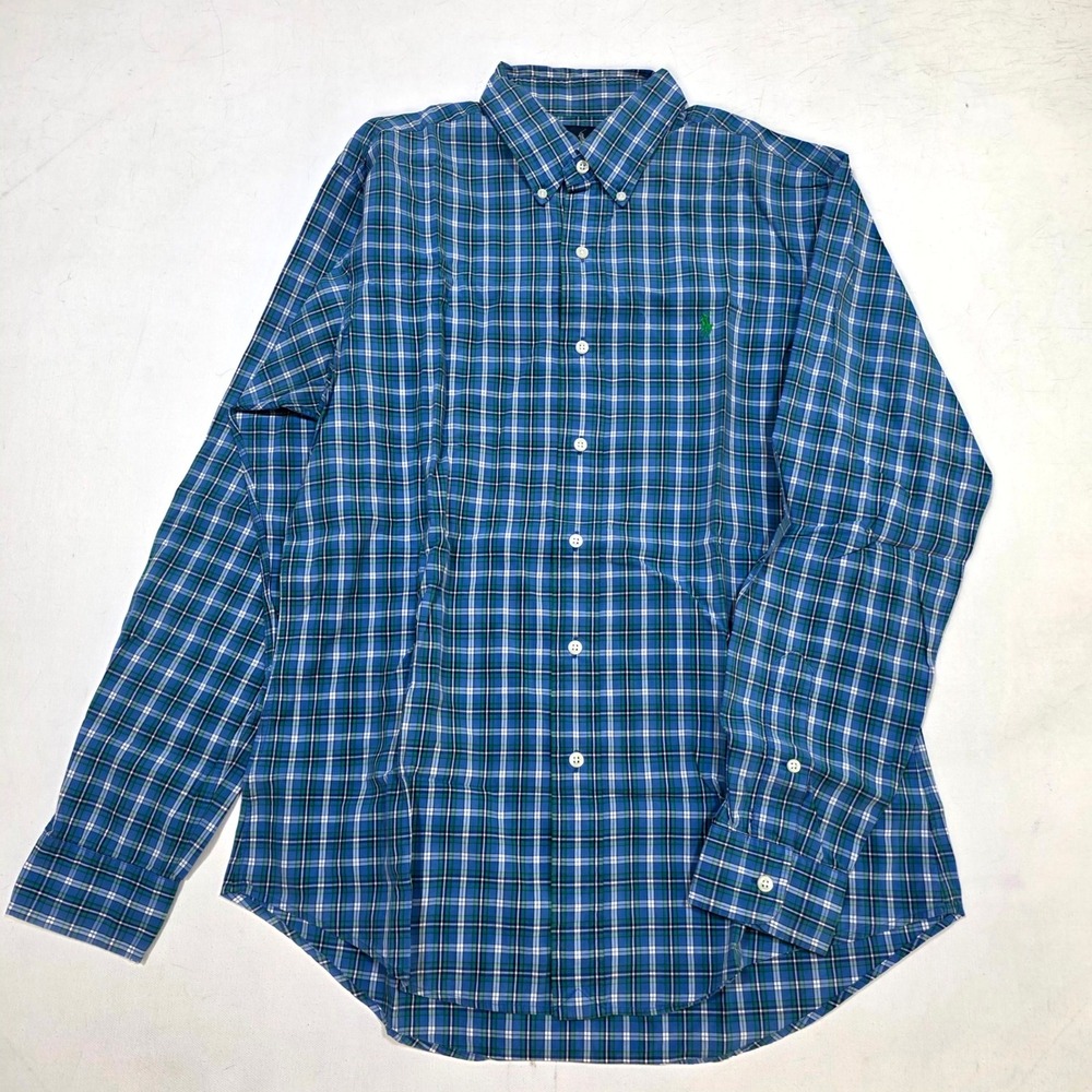 Ralph Lauren Button Down Shirt Men M Blue Plaid Custom Fit Long Sleeve Pony Logo